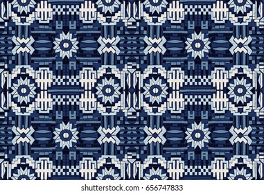 Geometric pattern Bohemian style. Seamless Oriental pattern. Indigo blue color. Tribal Ethnic collection. Mexican ornament. Embroidery on fabric, design elements of the interior.