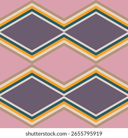 Padrão geométrico de formas de losango em rosa, verde e marrom bege. Vetor sem emenda com padrão de ziguezague. Conceito de Tom, vintage, chevron, moderno para têxtil, textura de tecido, decoração, fundo.