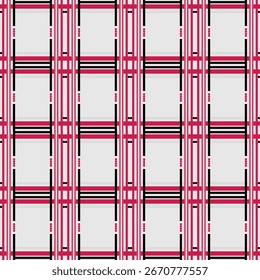 Padrão geométrico de linhas negrito e pontos em vermelho, branco, preto. Padrão de xadrez de tartan sem costura. Conceito de círculo, retro, listras, vertical, clássico, vintage para papel de parede, têxteis, papel de embalagem, textura.