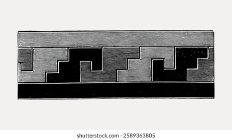 Geometric pattern with bold lines and shapes. Abstract design with repeating geometric motifs. Black and gray tones in geometric pattern art. Vintage illustration isolated on white, vector.