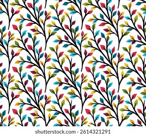 Geometric Pattern - Branch and Leaves (Multicolored Leaves, White Background) - Repeating Vector Image; Easily Editable; Endless Design; Colorful lIlustration. Print for Gift Paper, Packaging, etc.
