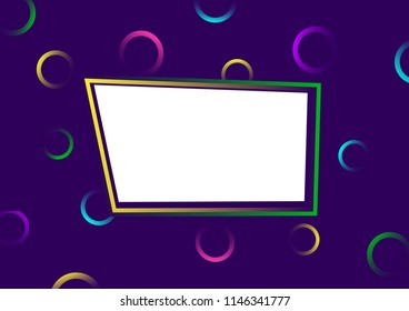 Geometric pattern. Bright colorful circles with gradient on purple background with frame for your text. Vector illustration
