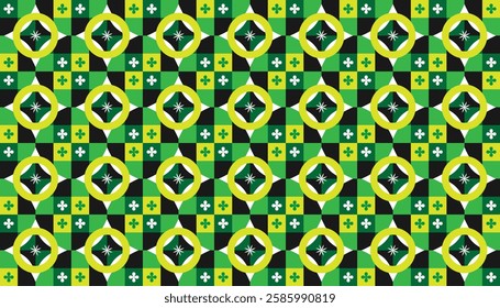 Geometric pattern with bright green and yellow color scheme. The patterns are constructed from various interlocking geometric shapes, primarily circles, squares, and plus sign shapes