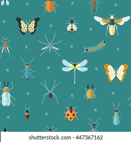 Geometric pattern with bugs and insects. Colorful seamless texture for your design made in vector.