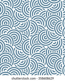The geometric pattern by stripes, circles. Seamless vector background. Blue and white ornament