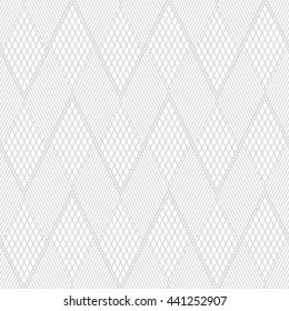 The geometric pattern by stripes, lines, rhombuses. Seamless vector background. Gray and white texture