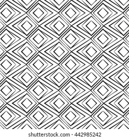 The geometric pattern by stripes, lines, rhombuses. Seamless vector background. Black and white texture