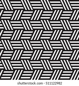 The geometric pattern by stripes, lines, rhombuses.  Seamless vector background.  Black and white texture.