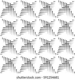 The geometric pattern by stripes, lines, rhombuses.  Seamless vector background.  Black and white texture.