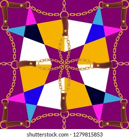 Geometric pattern with carnival motifs. Seamless print with golden chains, leather straps and colorful triangles. Purple, yellow, blue.