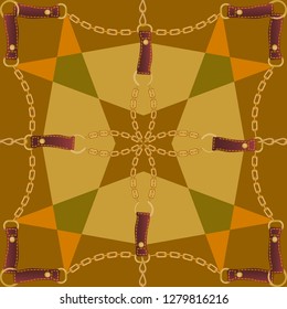 Geometric pattern with carnival motifs. Seamless print with golden chains, leather straps and colorful triangles. Beige yellow, brown.