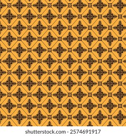 Geometric pattern, Celtic knot design, yellow and brown color scheme, repeating cross motif, interlocking circles, symmetrical layout, medieval inspired, ornate tessellation,