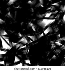 Geometric pattern of chaotic random shapes. Rough edgy texture.  Abstract monochrome background, abstract texture. Rough geometric art.