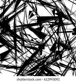 Geometric pattern of chaotic random shapes. Rough edgy texture.  Abstract monochrome background, abstract texture. Rough geometric art.