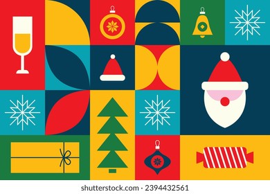 Geometric pattern with Christmas elements. Christmas tree and Santa Claus