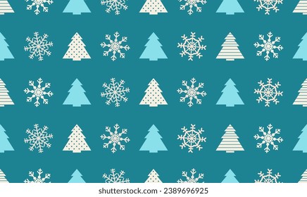 patrón geométrico de árboles de navidad con copos de nieve para el año nuevo, envolver diseño de papel en color azul