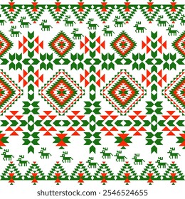 A geometric pattern with Christmas-themed shapes in red, green, and white. It includes stylized trees and triangles within diamond shapes, creating a festive, symmetrical design.Vector geometric.