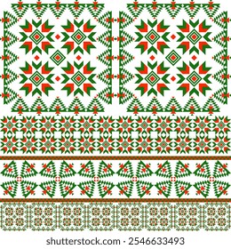 A geometric pattern with Christmas-themed shapes in red, green, and white. It includes stylized trees and triangles within diamond shapes, creating a festive, symmetrical design.Vector geometric.