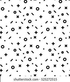 Geometric pattern with circles, dotes, pluses and crosses. Black and white background for the cover of the Memphis style or background