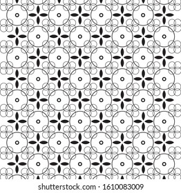 Geometric pattern of circles and floral motifs. Clothing fabric print. Decorative black and white minimal pattern. Abstract print.
