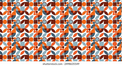 Geometric pattern with circles, squares, semicircles, and petals in brown, orange, blue. Versatile design suitable for backgrounds, textiles, packaging.