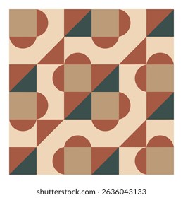 Geometric pattern with circles, squares, and triangles in terracotta, beige, and dark green on a cream background.