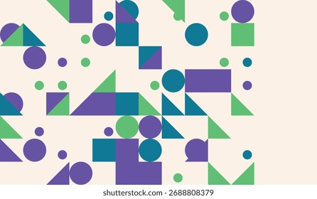 Geometric Pattern with Circles Squares and Triangles in Green Blue and Purple