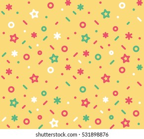 Geometric pattern with circles, stars, dotes, pluses and crosses. Yellow holyday background for the cover of the Memphis style or background