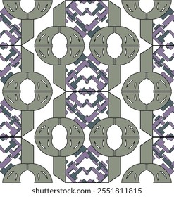 Geometric pattern with circular and angular shapes, muted green and purple tones, intricate design, modern aesthetic, suitable for wallpapers and textiles, vector illustration