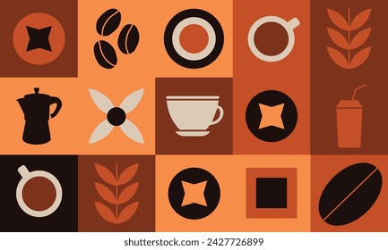 Diseño de café de patrón geométrico. Patrón sin fisuras para la cubierta del póster de la tarjeta de embalaje del banner. Textura para el embalaje del café. Elementos de diseño de dibujo vectorial.