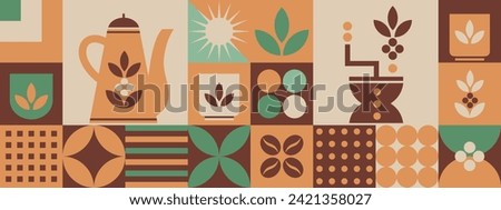 Geometric pattern with coffee and tea theme. Minimalistic illustration with coffee mill and teapot. Abstract shapes. Print for coffee tea shop, tea room, menu, food package, mural, banner, background.