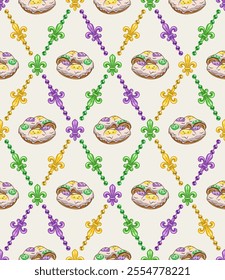 Geometric pattern with colorful fleur de lis symbol, king cake in center of grid cells. Diagonal rhombus grid. Decoration for Mardi Gras carnival. Vintage style illustration