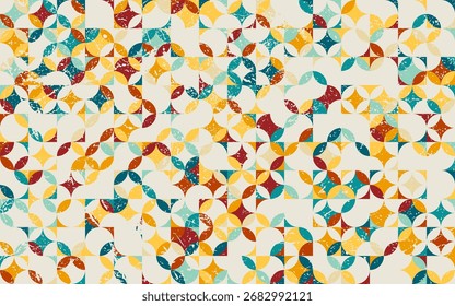Geometric pattern with colorful grunge texture, retro abstract shapes forming artistic mosaic background for creative design.
