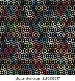 Geometric pattern with colorful hexagons on a black background. Ornamental chain grid. Graphic textile texture. Seamless vector illustration for wrapping, packaging, print, and decorative projects.