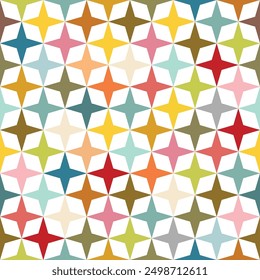 Geometric pattern of colorful retro stars on white background