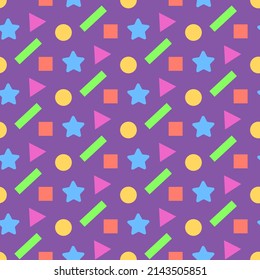 Patrón geométrico con triángulos coloridos, rectángulos, elipses, cuadrados, estrellas. Textura sin inconvenientes. Ilustración vectorial. Diseño plano para textiles