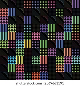 Geometric Pattern: Colorful Triangles, Stripes, and Dots