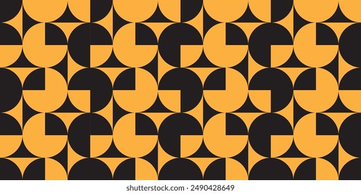 Geometric pattern with a combination of circles, three quarter circles, half circles and quarter circles in orange and black