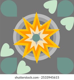 Patrón geométrico de una combinación de Formas de colores pastel de estrellas, círculos, corazones y hojas sobre un fondo de papel gris. Ilustración de Imagen colorida para imprimir y envolver. 