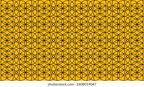 A geometric pattern composed of overlapping black petal-like shapes arranged in a grid. The design resembles stylized flowers or mandalas and is set against a vibrant mustard yellow background.