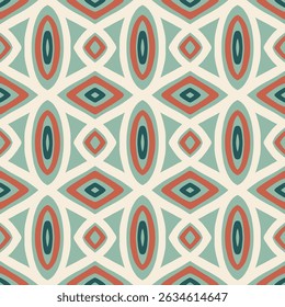 Padrão Geométrico - Elipses e Diamantes Concêntricos (Verde Escuro, Verde Suave, Caramelo, Creme) - Imagem Vetorial Repetitiva; Facilmente Editável; Infinito; Ilustração Colorida. Imprimir para papel-presente, etc.