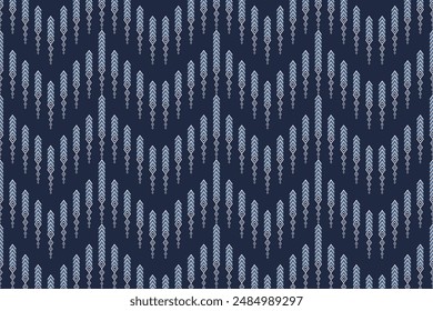 Geometric pattern concept. Seamless pattern in navy blue background. Design for ikat, blanket, fabric, clothing, carpet, textile, ethnic, batik, embroidery.