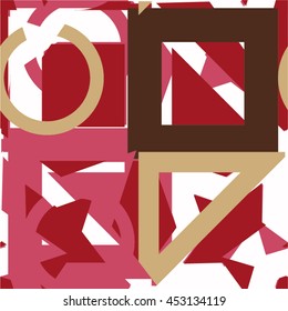 Geometric pattern confetti, chaos, star, square, circle, triangle seamless vector background.
