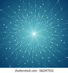 Geometric pattern with connected lines and dots. Vector illustration on blue background.