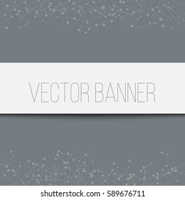 Geometric pattern with connected lines and dots, central white banner. Vector illustration on grey background.