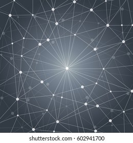 Geometric pattern with connected lines and dots. Vector illustration on dark background.