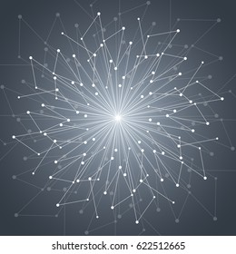 Geometric pattern with connected lines and dots. Vector illustration on dark background.