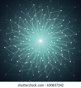 Geometric pattern with connected lines and dots. Vector illustration on dark background.