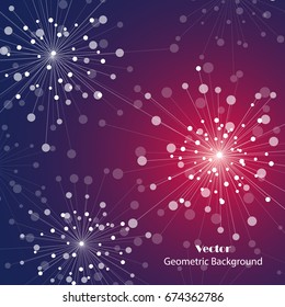 Geometric pattern with connected lines and dots in a shape of fireworks. Vector illustration.