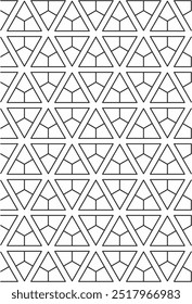 Um padrão geométrico que consiste em formas de losango interconectadas. O uso de linhas pretas retas cria um efeito semelhante a uma grade, em que cada losango se sobrepõe à sua forma vizinha, formando um